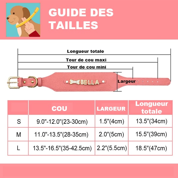 tableau des tailles du collier en cuir personnalisé pour lévrier