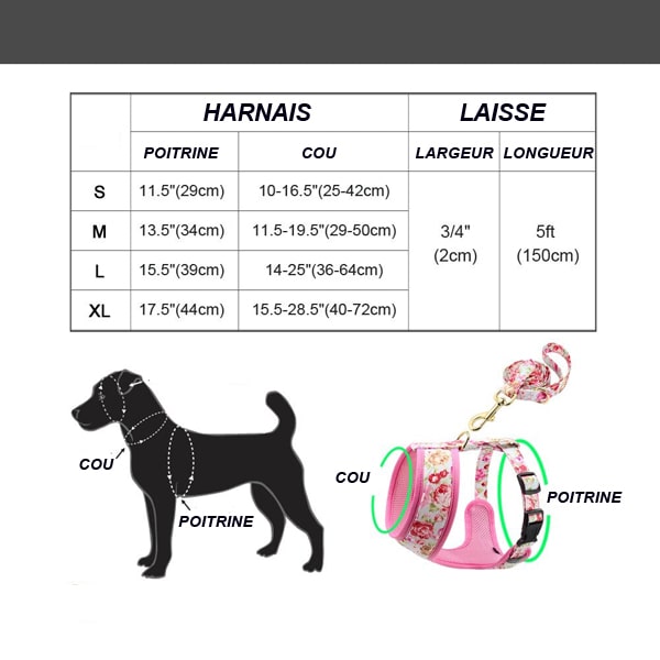 tableau des tailles du harnais pour animaux de compagnie