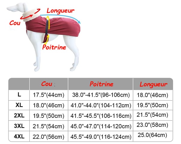 tableau des tailles de la cape pour chien en polaire